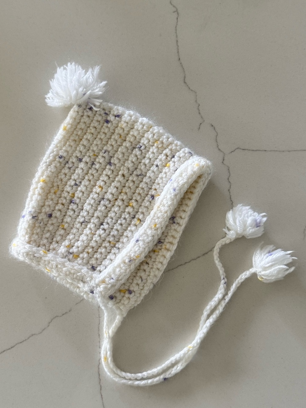 Cozy Baby Soft White, Purple and Yellow Speckled Knit Baby Hat with Earflaps